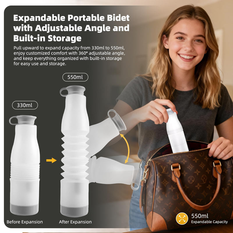 Hibbent 2 Pack Portable Bidet for Travel, High Pressure Electric Handheld Bidet Sprayer, 350-550ML Expandable Bottle for Personal Hygiene, USB-C Rechargeable Waterproof Sprayer for Women & Men, White Pure White