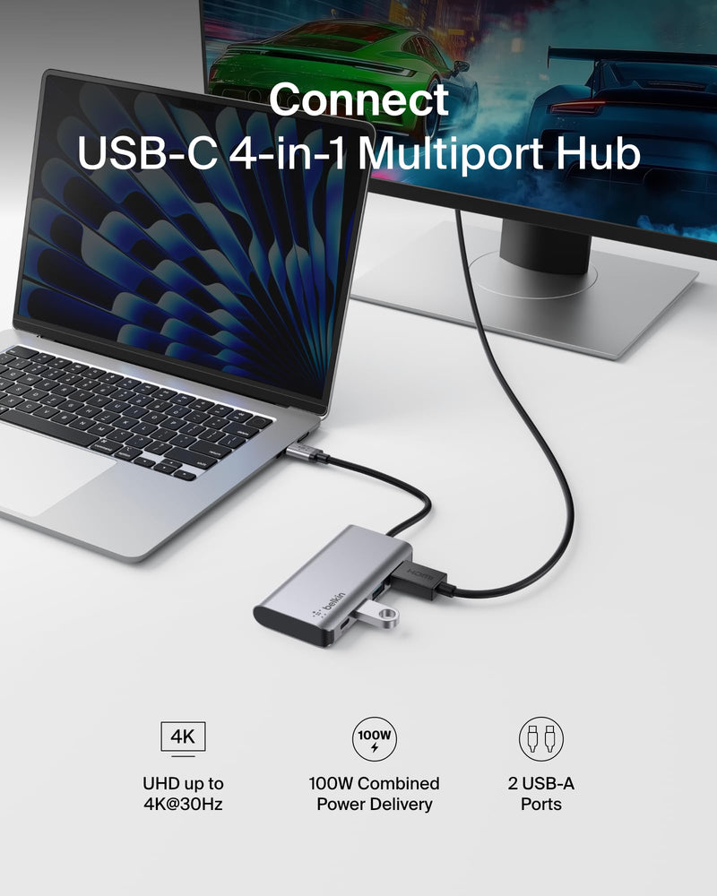 Belkin USB C Hub, 4-in-1 Multi-Port Laptop Dock with 4K HDMI, USB C Docking Station with 100 Watt Pass-Through Power Delivery, 2 X USB A Ports For MacBook Pro, Air, iPad Pro, Chromebook and More 4-in-1 USB-C Hub