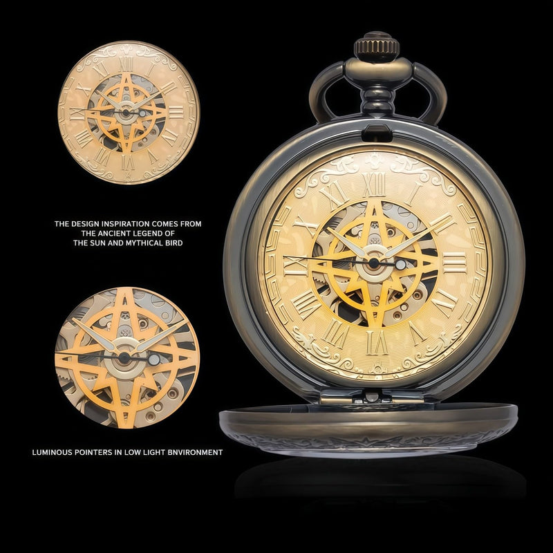 Mechanical Pocket Watch, for Men Women Special Magnifier Half Hunter Engraved Case Roman Numerals with Chain B-a. Compass, Bronze, Gold