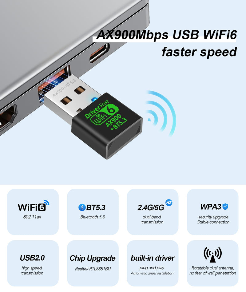 AX900M USB WiFi 6 Adapter for Laptop,2 in 1 Bluetooth 5.3 Dual Band 5/2.4Ghz Wireless Network Adapter,Built-in Driver for PC/Laptop/Desktop 4dBi Antenna Compatible with Windows 10/11 AX907B
