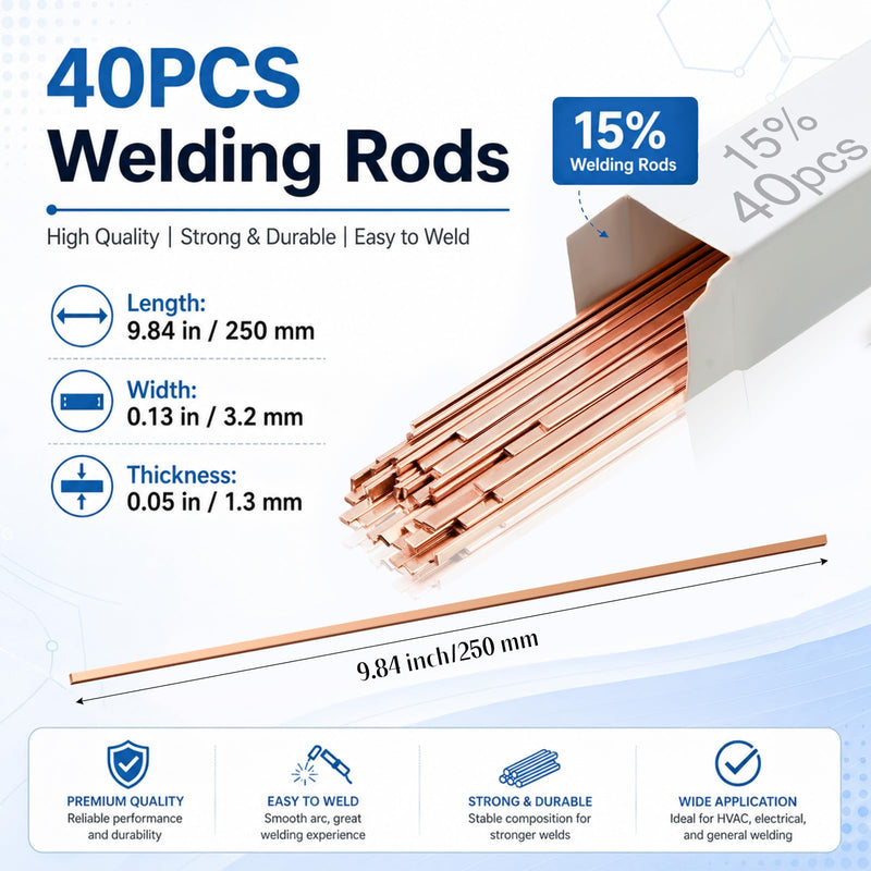 Tandefio 15% Silver Brazing Rods AWS BCuP-5 40 Sticks, Silver Solder Flat Welding Rods 0.050"x1/8"x10" for Air Conditioning, Refrigerator, Cold Storage & HVAC Units, Phos Copper Brazing Alloys BCup-5, 15% Silver