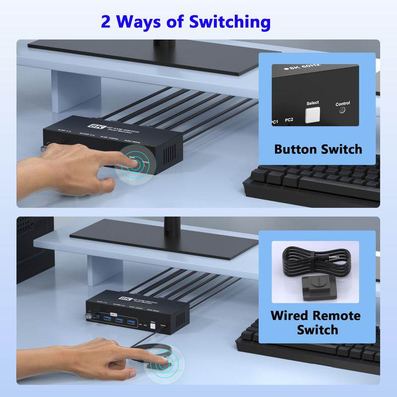 8K@60Hz Displayport KVM Switch 2 Monitors 2 Computers, 4K@120Hz USB3.0 KVM Switch Display Port for 2 Computers Share Dual Monitors and 4 USB Devices, Computer Switch Monitor Switch for 2 Computers