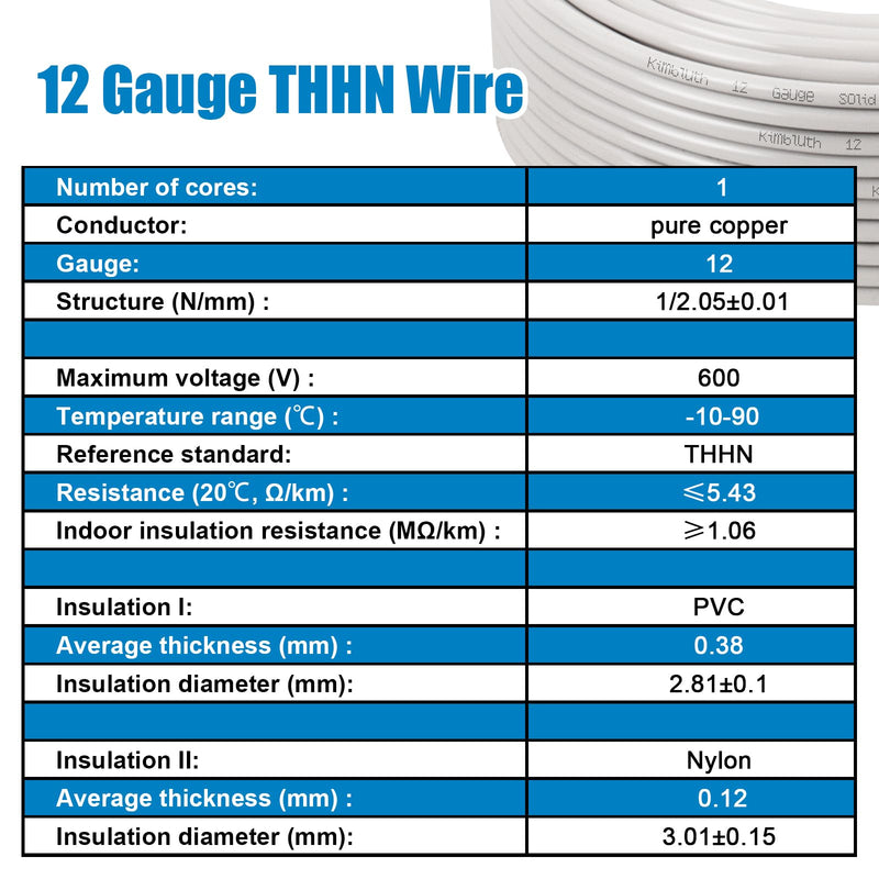 THHN Wire 12 Gauge 50 FT OFC Electrical Wire, 12 AWG Solid Copper Wire Rated up to 600V Building Wire Nylon Jacket for Residential, CNC, Ground, Industrial (12 Gauge, White) 12 Gauge 50FT