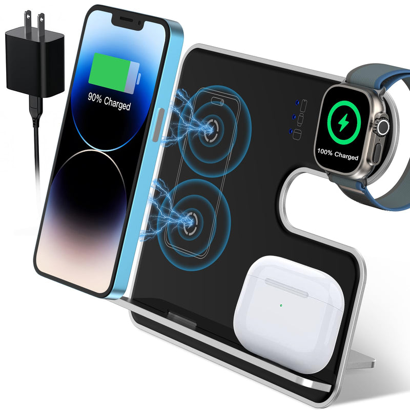 3 in 1 Aluminum Alloy Wireless Charger for iPhone: 18W Foldable Wireless Travel Charger for iPhone 15 14 13 12 - Detachable Sleep Friendly Charging Station for Apple Watch AirPods 2/3/Pro 2