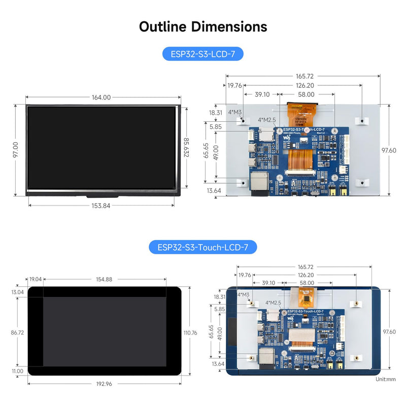 Waveshare ESP32-S3 7inch Display Development Board, 800×480, 32-bit LX7 Dual-core Processor, Up to 240MHz Frequency, Supports WiFi & Bluetooth, with Onboard Antenna, No Touch