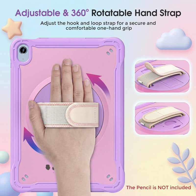 ProCase Kids Case for iPad A16 11th Gen 11" 2025/iPad 10th Gen 10.9" 2022 with Screen Protector, Fully-Body Shockproof Rugged Protective Cover with Rotatale Stand Hand/Shoulder Strap -Purplepink Purplepink