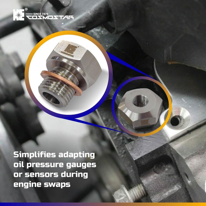 Cosmostar Stainless Steel Oil Pressure Sensor Adapter – M16-1.5 Male to 1/8" NPT Female, Compatible with GM LS Engines LS1 LSX LS3 5.3L 6.0L | High-Durability, Leak-Proof Precision for Engine Swaps