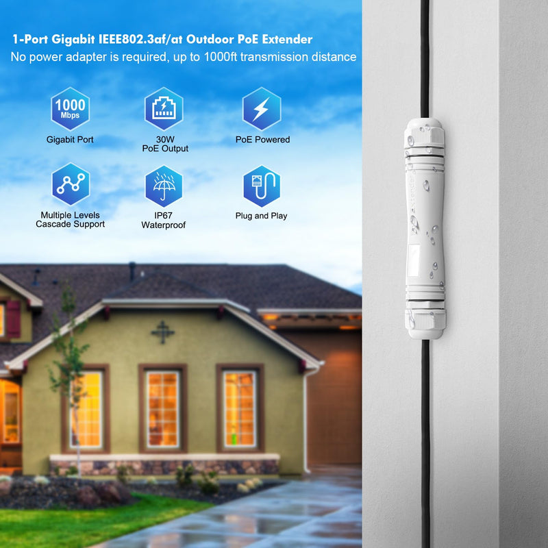MokerLink Outdoor 2 Port Gigabit PoE Extender, IEEE 802.3 af/at Repeater 30W, 10/100/1000Mbps, 1 In 1 Out, Wall Mount IP67 Waterproof Passthrough Switch 1000M Outdoor 2 Port