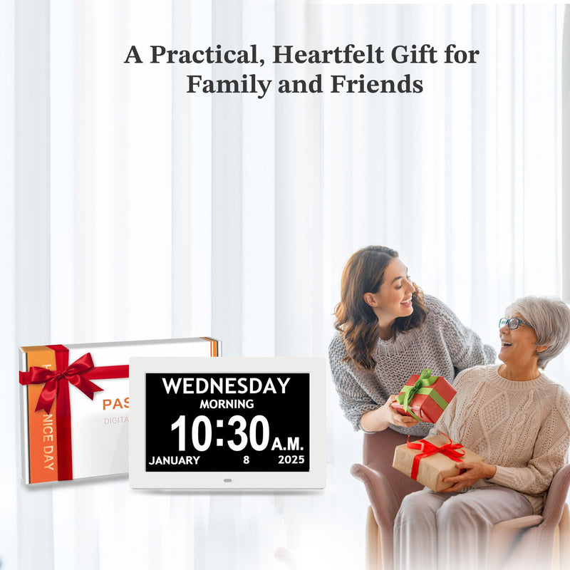 2025 NEW, Digital Clocks, 7'' Dementia Clock with Date and Time for Elderly, Auto-Dimming, 12 Reminders & 6 Alarms, Button & Remote Control, Auto DST, Digital Calendar for Seniors Large Display White