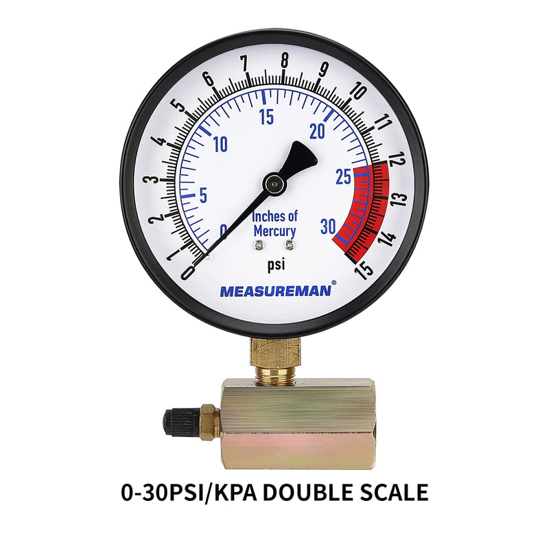 MEASUREMAN 4" Steel Gas Pressure Test Gauge Assembly, 3/4" FNPT Connection, 0-15Psi/0-30InHg, 1.6% Accuracy, 0-15Psi/0-30InH2O