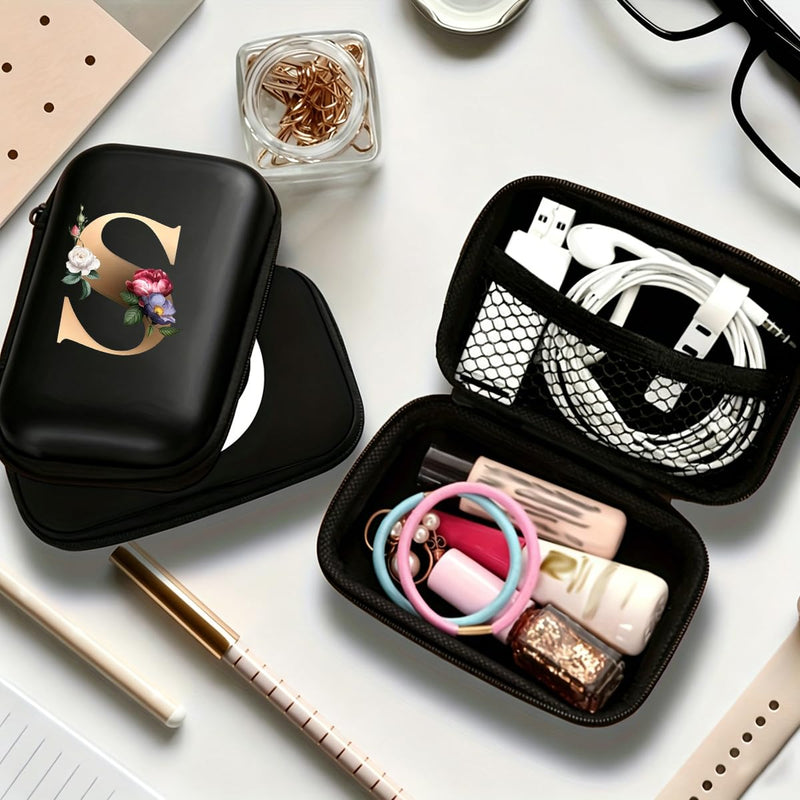Letter And Flower Print Hard Shell Electronics Organizer, Shockproof Carrying Case for Cables, Earphones, Chargers, Ideal Gift for Travel & Daily Use，4.33 * 3.14 * 1.57 inch/SNB03-S Black-S