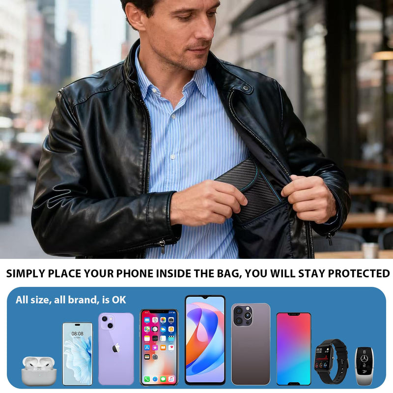 Faraday Bags for Phones and Car Key, Carbon Fiber Surface Signal Blocking Pouch, Go Dark Bags for Cell Phones, Car Key/WiFi/RFID/GPS Signal Blocker with Red Blue Stiching Red and Blue