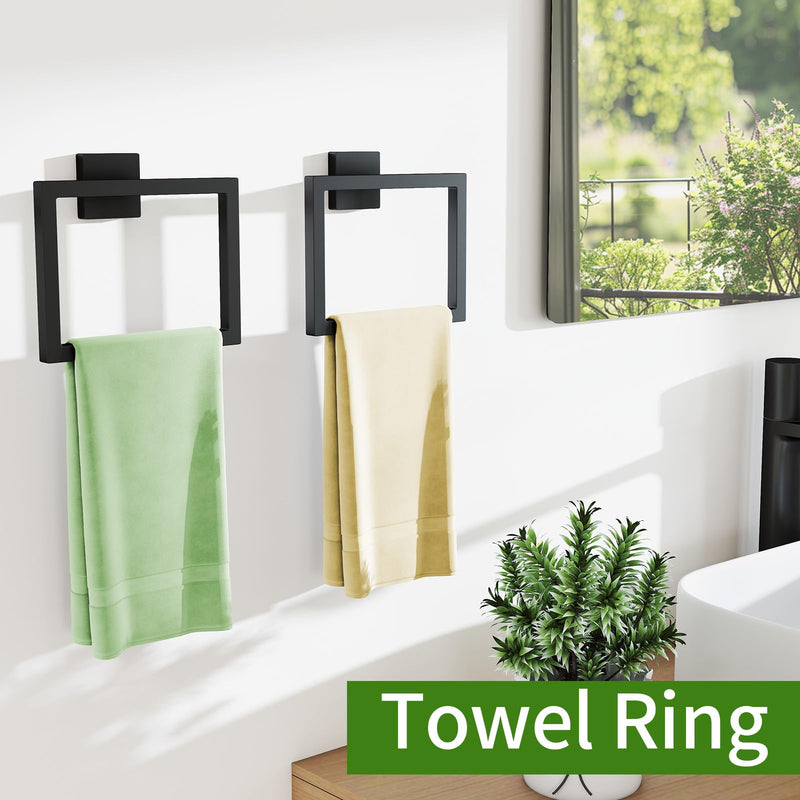FLE Hand Towel Ring, Towel Rings for Bathroom Wall, 2 Pack, Black | Screw Mount Hardware, Stainless Steel Towel Hanger, Modern Square Hardware