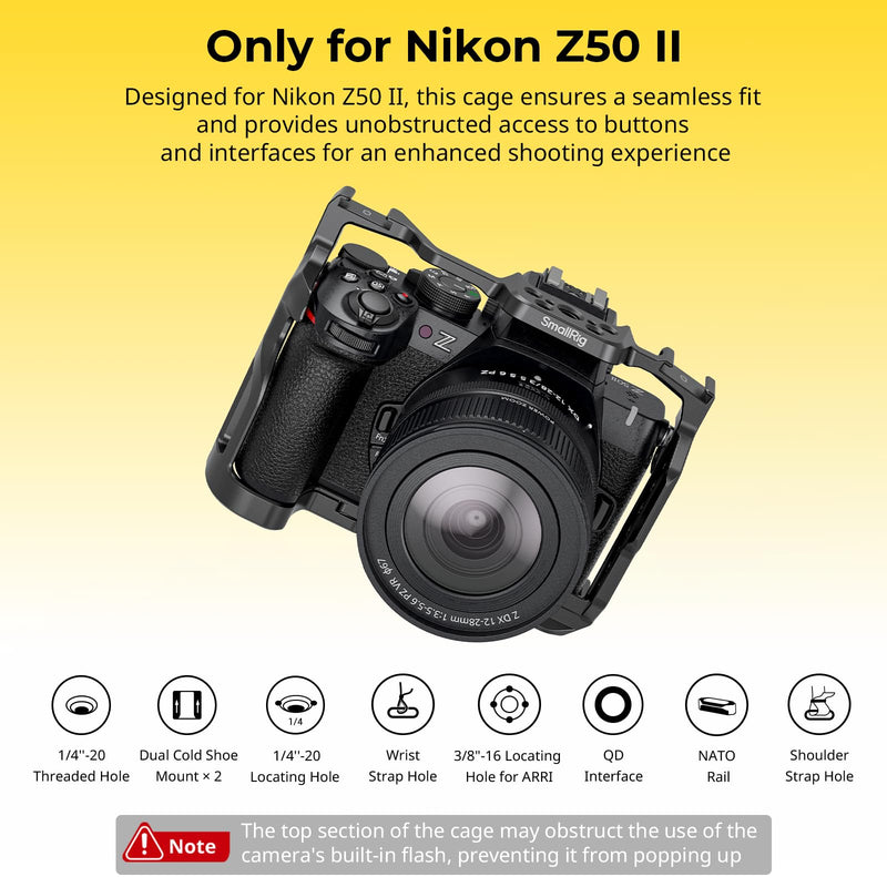 SMALLRIG Z50 II Cage for Nikon Z50 II, Aluminum Alloy Camera Cage with Dual Cold Shoe Mount, 1/4''-20 Threaded Holes, NATO Rail,QD Ports, Quick Release Plate for Arca-Swiss - 4980