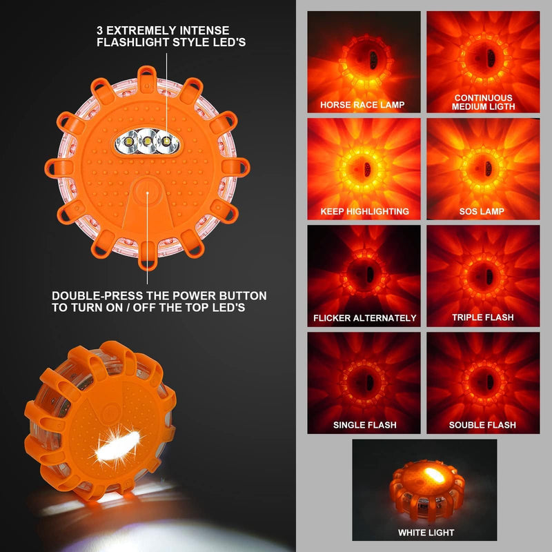 GP904 LED Road Flares Emergency Light Kit, 9 Glow Modes Strong Magnet Hang Hook for Holiday Gift, Road Emergency Rescue Search Better Protect Life Safety (4Pack Batteries not Included) Battery-4pack