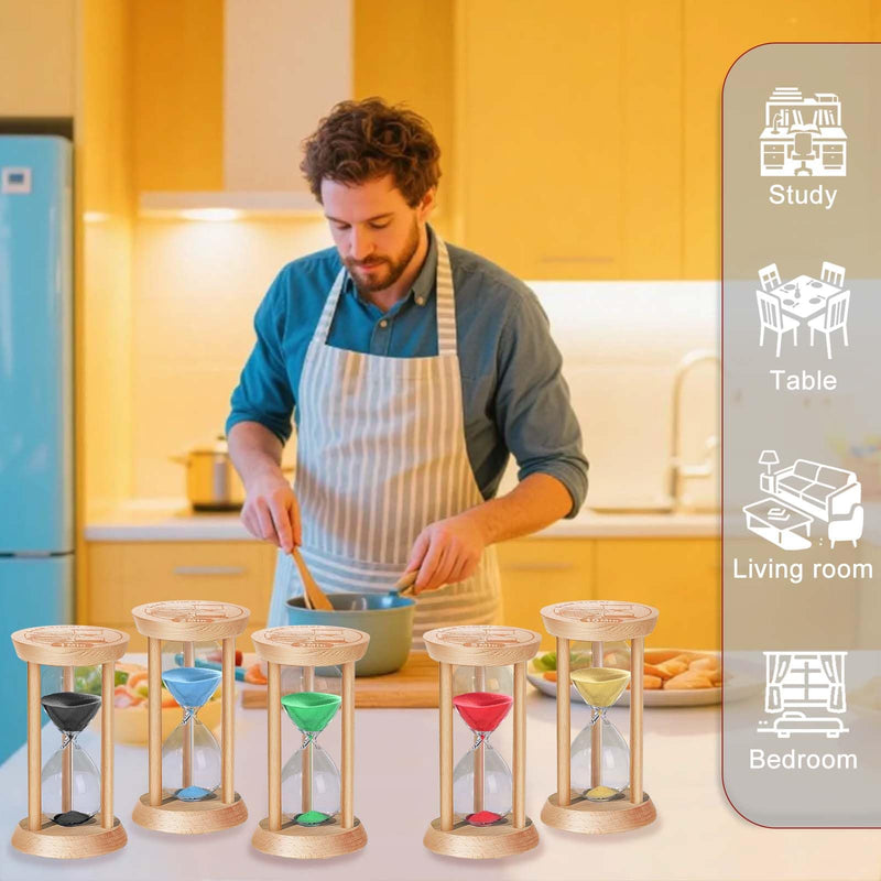 SuLiao Sand Timer, Colorful Wood Hourglass Sandglass Timer, Wooden Sand Clock, Hour Glass, Reloj De Arena 1min/2min/3min/5min/10min for Brushing Teeth, Classroom, Cooking, Games, Office (Pack of 5) 1/2/3/5/10 Min Black/ Blue/ Turq/ Red/ Gold