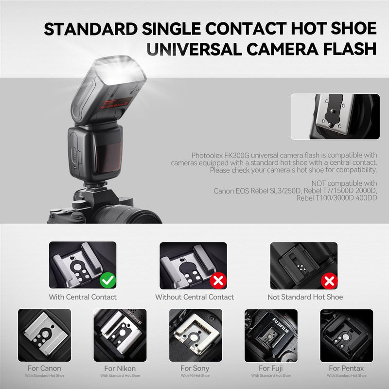 PHOTOOLEX FK300G Camera Flash Speedlite GN33 with Trigger | Universal hot shoe for Canon, Nikon, Sony, Fuji. 2.4G wireless, 8 power levels, M/S1/S2 modes with flash trigger