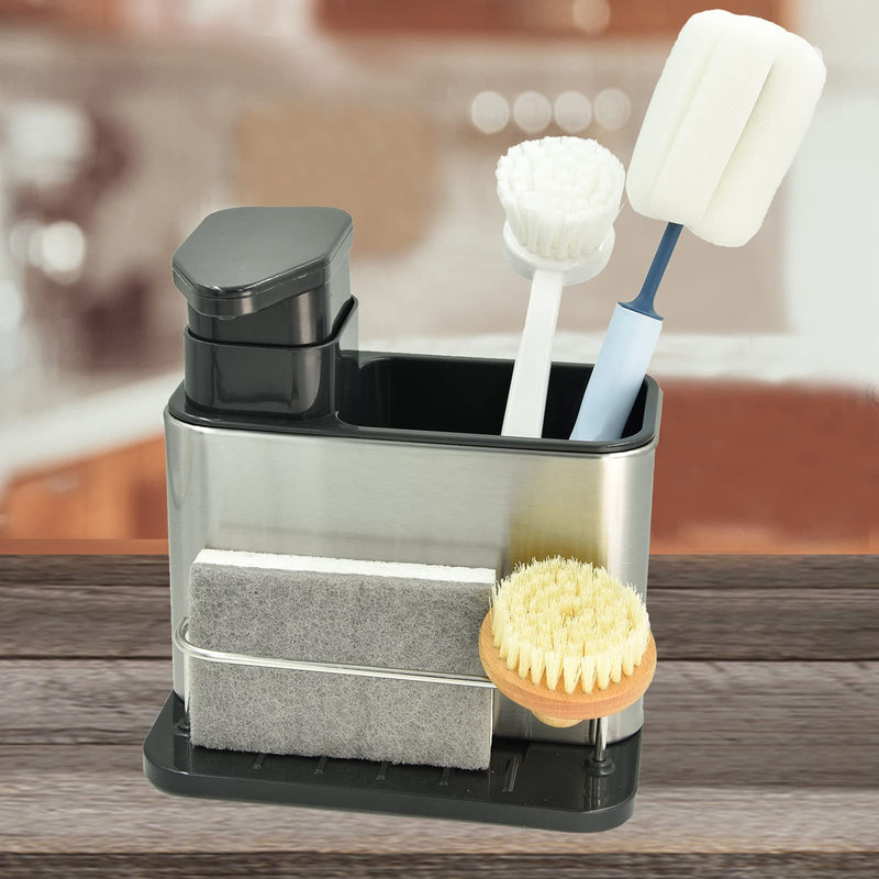 Soap Dispenser for Kitchen & Bathroom Sink with Sponge Holder and Brush Holder, Dish Soap Pump Sink Caddy for Countertop, Stainless Steel