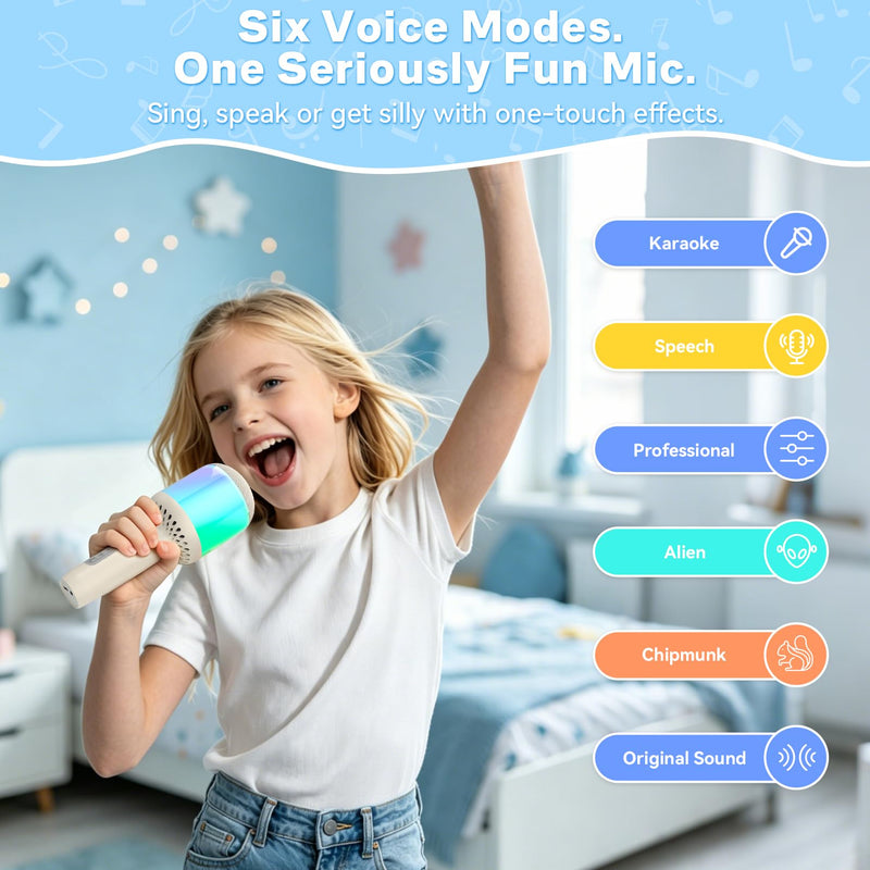 StageSound Kids Karaoke Microphone with Lights, Bluetooth Wireless | Handheld Mic for Kids & Adults, 6 Voice Modes, RGB & Night Light, Headphone Jack, 5-10H Play, Birthday Gift
