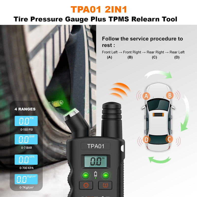 VXDAS TPA01 TPMS Relearn Tool for GM Plus Digital Tire Pressure Gauge 150 PSI Tire Sensor Reset Tool for Buick, Chevy, Cadillac, Opel (Black)