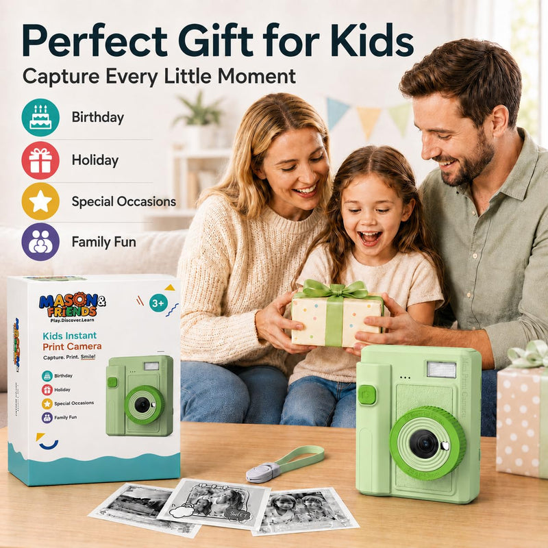 Mason & Friends Kids Print Camera Gift Set, 1080P Video, 16X Digital Zoom, Easy-to-Use Design for Boys and Girls Ages 3-12 Green