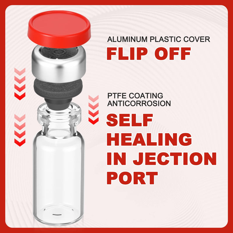 100 Pcs 3ml Sealed Sterile Empty Vials with Self Healing Injection Port Clear Glass Empty Vials with Plastic-aluminum Flip Cap and Rubber Injection Stoppers Flat Bottom Lab Vial (Red Lid) 100 clear and red lid