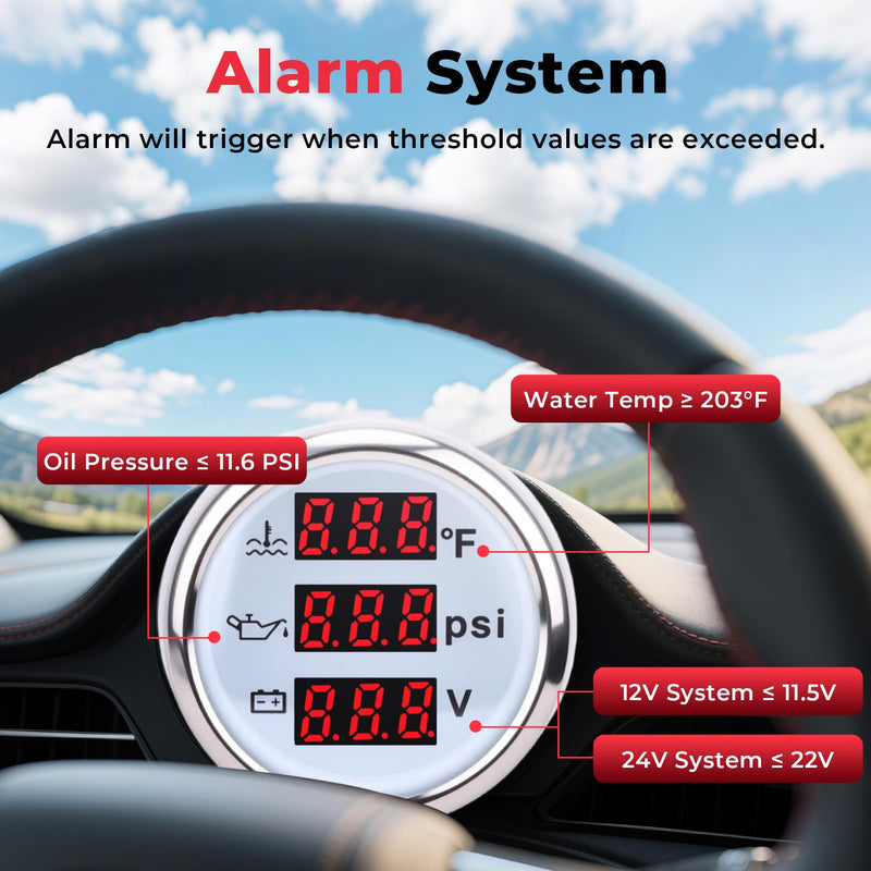 3 in 1 Gauge Kit 52mm Digital Oil Pressure Gauge, Water Temperature Gauge, Voltmeter for Car Truck Boat RV Motorcycle, Automotive Gauge Kit with Oil Pressure Sensor, Universal 12V (RED3) RED3