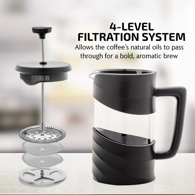 OVENTE French Press Coffee Maker 20 Ounce with Heat Resistant Borosilicate Glass & Stainless Steel 4-Level Filtration System, Portable Cold Brew Coffee Maker for Travel, Camping or Gift, Black FPW20B
