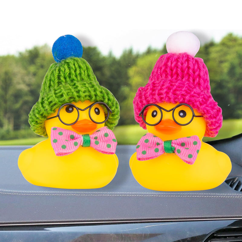 Car Rubber Duck Ornament, Winter Duck Car Dashboard Decoration with Mini Beanie Hat Bow Tie and Glasses(C2) C2-circular Glasses-rose Bow&green