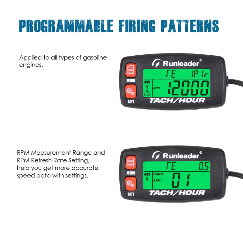 Runleader Hour Meter Tachometer,Maintenance Reminder,Alert RPM,Backlit Display,Initial Hours Setting,Battery Replaceable,Use for ZTR Mower Generator Marine ATV and Gas Powered Device. (Button-Red) Button-Red