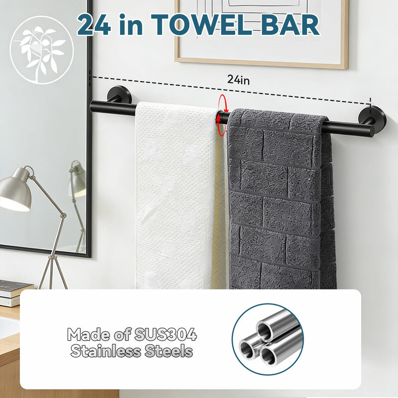 5-Piece Matte Black Bathroom Accessories Set, 24-Inch Wall-Mounted Towel Bar, Toilet Paper Holder with Shelf, SUS 304 Stainless Steel Bath Hardware, Towel Rack for Bathroom, Kitchen, Laundry Room