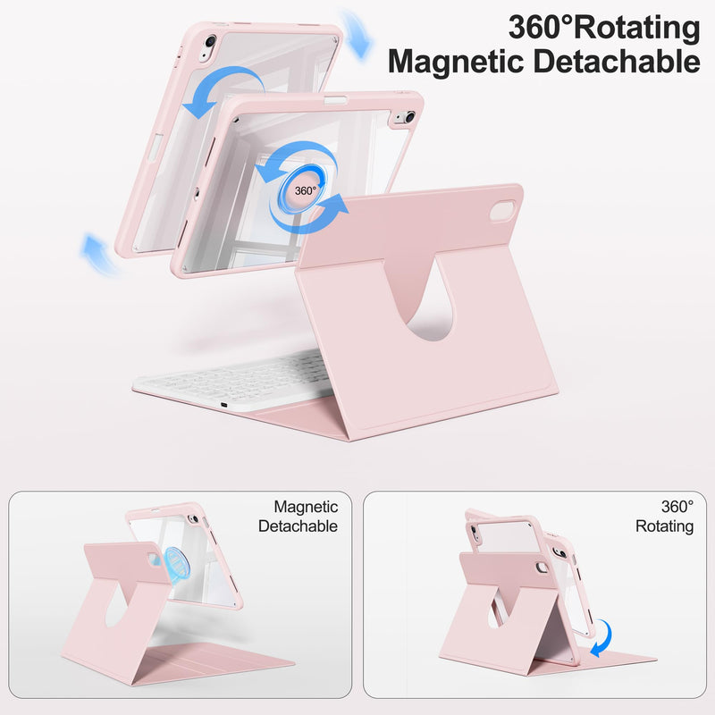 for iPad A16 11th/10th Gen Case with Keyboard, Rotating Folio Cover | 360 Degree Rotating Detachable Rugged Cover & Pencil Holder, Removable Wireless Keypad, Portrait/Landscape Mode, Pink