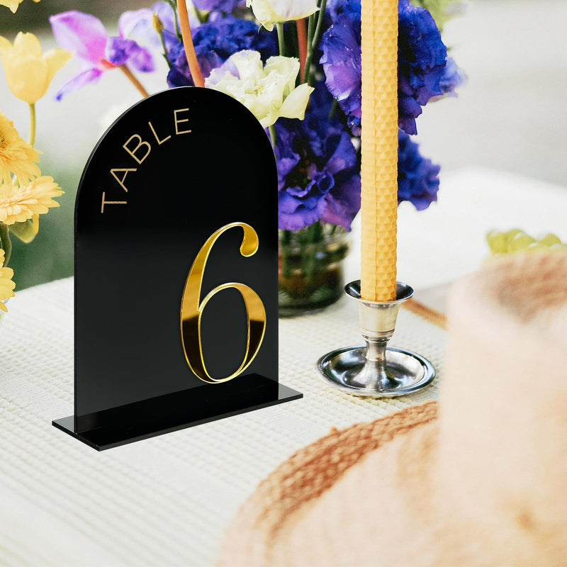 Black Arch Wedding Table Numbers 1-15 with Stand, 15 Pack 5x7 Inch Black Arch Acrylic Sign with Gold Number, Black and Gold Acrylic Table Numbers for Wedding Reception(Black and Gold) Table Number 1-15, 5"x7"