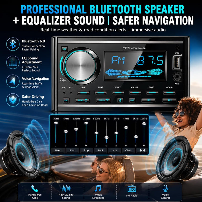 LSLYA Double Din Car Stereo with Bluetooth, FM Radio, USB/AUX, No CD Player | 2 Din Car Radio Retro with App Control, USB/AUX, Voice Assistant, 7-Color Backlight, Remote Control, USB Port & AUX Input Black