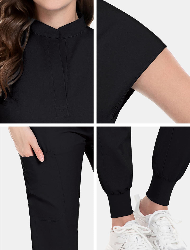 niaahinn Scrubs Set for Women Nurse Uniform Jogger Suit Stretch Top & Pants with Multi Pocket for Nurse Esthetician Workwear Medium Black