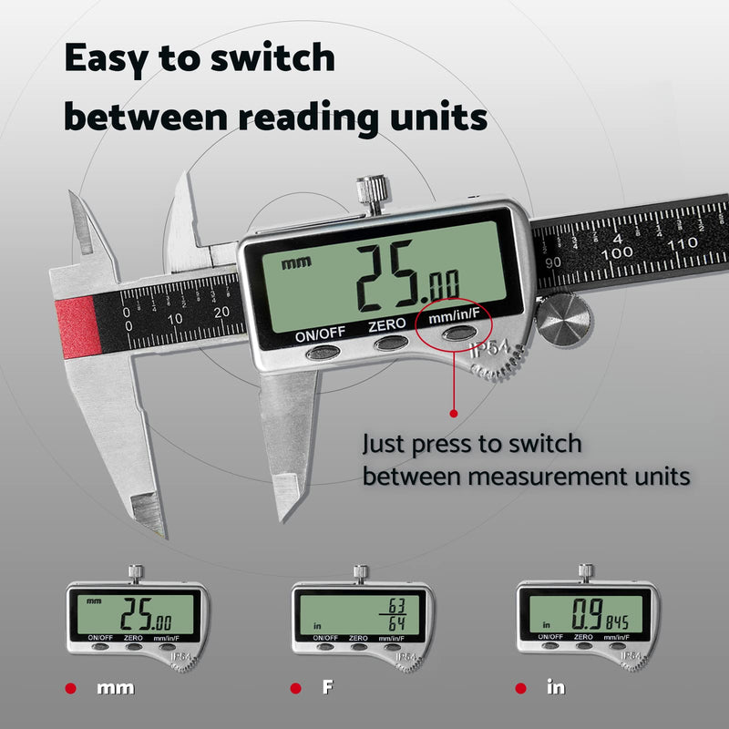 Digital Caliper Measuring Tool 6 inch with Extra Large LCD Screen DCXD6-SS-54, Vernier Caliper Digital Micrometer IP54, Measures Inch Metric Fraction by S&F STEAD & FAST