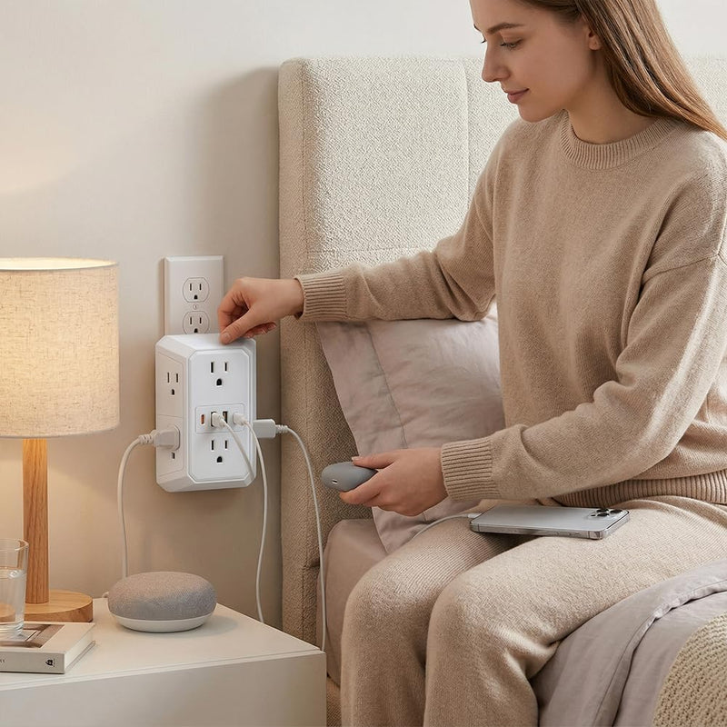 6 in 1 US Plug Wall Outlet Splitter with 2 USB Charging Ports, Multi Electrical Outlet Extender for Indoor Use,White white