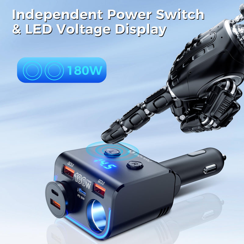180W Cigarette Lighter Splitter,30W PD Dual QC3.0 Car Charger Adapter | 24V/12V Car USB Adapter 2-Socket with Voltmeter Fast Charging for iPhone 17/16/15 Car Devices black