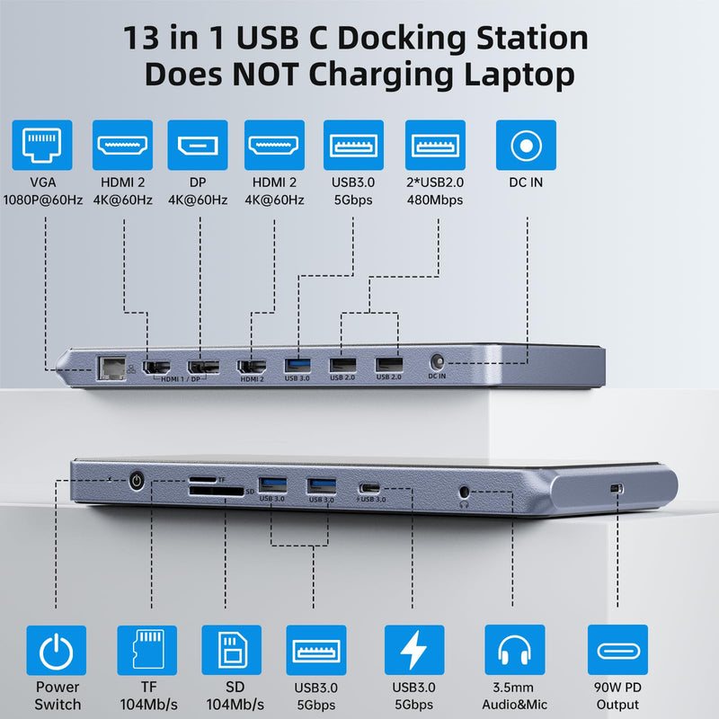 USB C Universal Docking Station for 3 Monitors, Power Adapter Attached - 14 in 1 Hub with HDMI*2, DisplayPort 4K60Hz, 10Gbps USB C/A, 1Gbps Ethernet, SD/TF, Audio&Mic, for MacBook/Dell/HP.etc