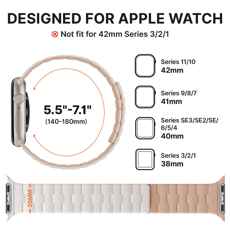 Bandletic Magnetic Silicone Compatible with Apple Watch Bands for Women | Double Sided Wearable, Soft Magnet Sport Strap for iWatch Series 11/10 42mm, 9/8/7 41mm, SE3/SE2/SE/6/5/4 40mm, 3/2/1 38mm Starlight/Milk Tea 38mm/40mm/41mm/42mm(series 11 10)
