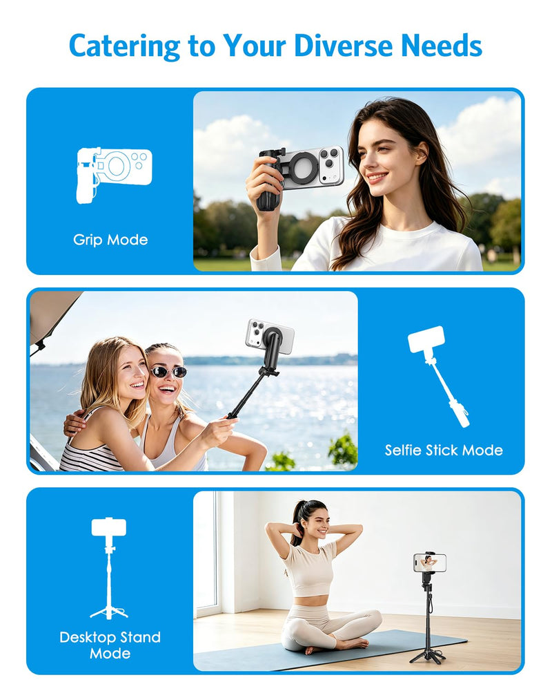 AMIR 5-in-1 Magnetic Selfie Stick with Remote for Cell Phone | 5-in-1 Magnetic Selfie Stick, Mini tripod, Camera Grip, Phone Stand, Stabilizer, 360 Rotation, Pocket Size, Extends 25in