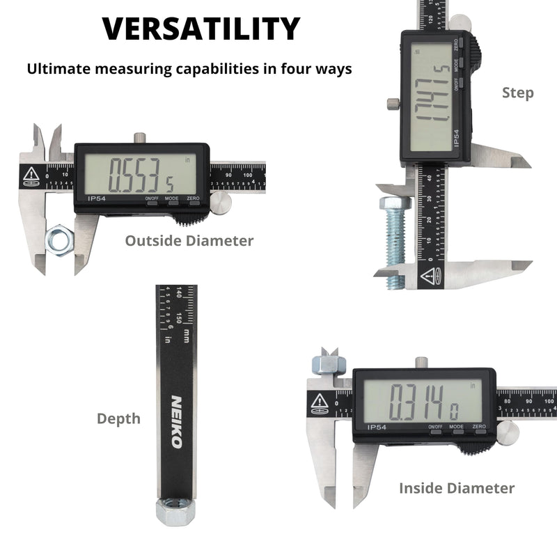 NEIKO 01401A 6-Inch Electronic Digital Caliper, Stainless Steel, Extra Large LCD Screen, Measurement Conversions for Inches, Millimeters, and Fractions 6 Inch, XL Screen