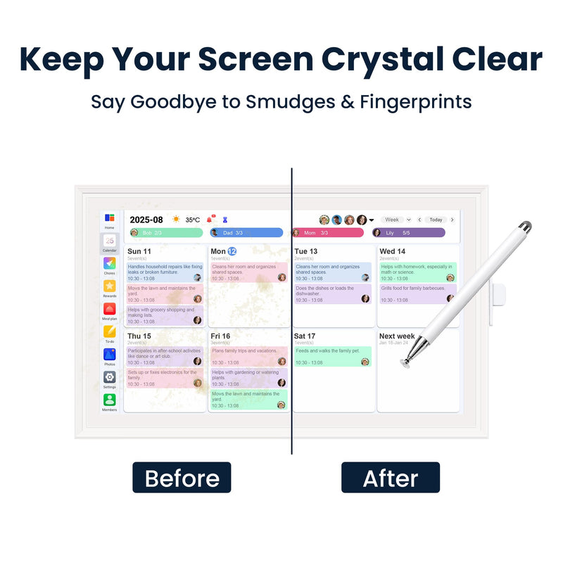 Stylus Pen with Adhesive Holder, Compatible with Skylight Calendar, 2-in-1 Dual Tip (Mesh & Disc) Stylus for Tablet & Smart Digital Calendar, No Charging, Always Attached, White