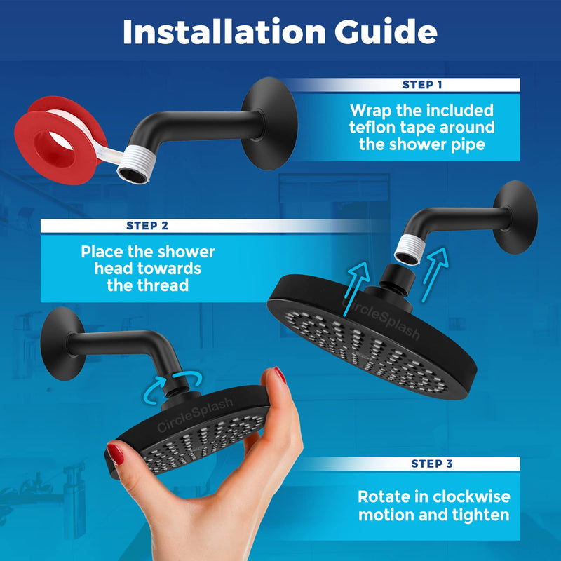 High Pressure Shower Head - Anti-Clogging Silicone Nozzles - 2.5 GPM Removable Restrictor - Easy to Clean Adjustable Replacement - easy to install with Plumbers Tape - 6 inch - Matte Black Finish 2.5GPM