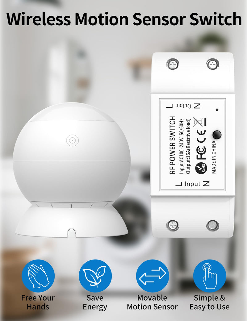 Wireless Motion Sensor Switch Kit with Split Sensor & Switch, PIR Motion Activated Power Switch with Timer, Indoor Motion Detector for Lights & Exhaust Fan (110V-120V) of Bathroom, Garage 1 Sensor + 1 Switch