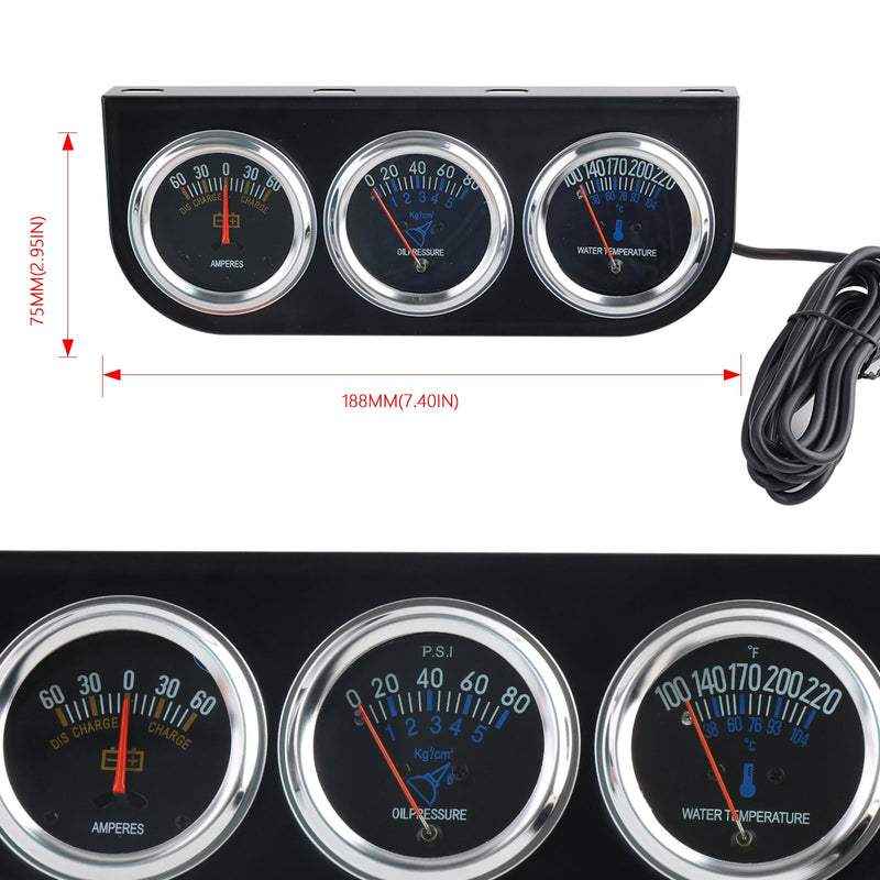 Triple Gauge Kit Oil/AMP/Water,Mechanical 2'' 52mm Chrome Triple Gauge Set Water Temp Oil Pressure AMP Meter