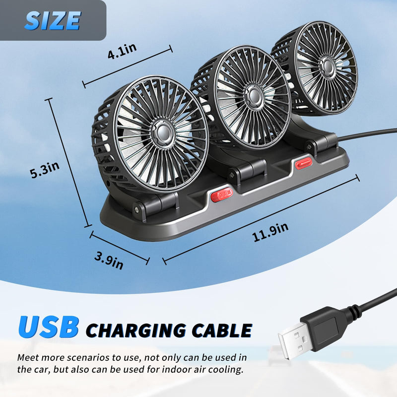 Portable 3-Head Car Cooling Fan with USB Plug | Powerful Airflow Fan for Vehicles Cars Taxi and Road trips USB Powered
