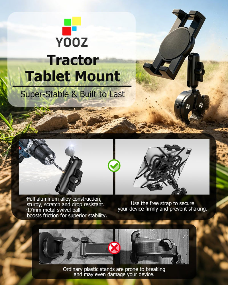 Tractor Tablet Holder Handlebar - Durable Metal & Anti-Shake | Tractor Accessory Pole Bar Tube Mount Clamp for Excavator Harvester Skid Steer Loader, Fit for Tablets, iPads, Phones, 4-13"