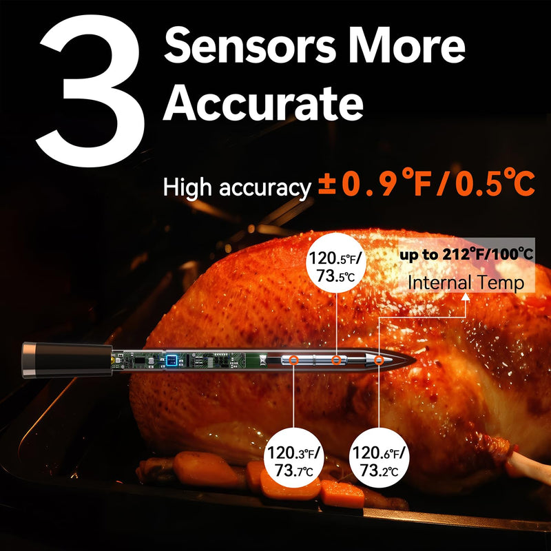 BFOUR Meat Thermometer Digital Wireless with LCD Booster, Bluetooth Food Cooking Thermometer with Smart App, 524FT Remote Range, 100% Waterproof & 752°F Heat Resistant Probe for BBQ Oven Grill Smoker Black
