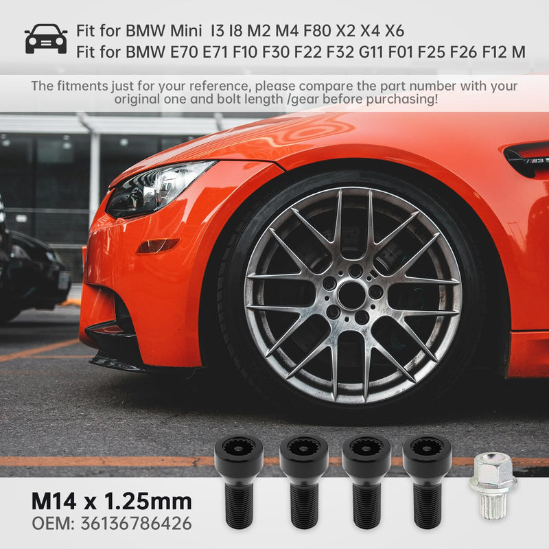 5pcs 36136786191 M14x1.25mm Wheel Lock Set Lug Nuts Bolt Fit for BMW Mini, I3 I8 M2 M4 F80 X2 X4 X6 with Master Key, Black Anti-Theft Wheel Stud Bolt Locks